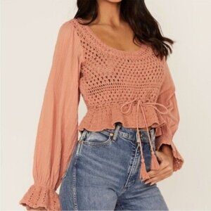 Free People Crochet Neutral Top Boho Coquette Puff Sleeve Feminine Festival
